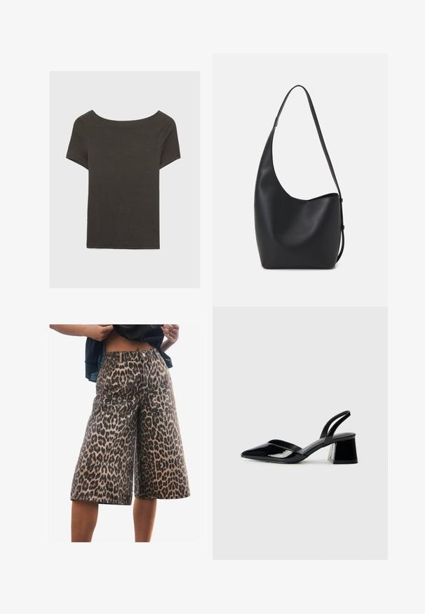 Tummanharmaa lyhythihainen paita, jossa on venepääntie. Valmistettu ribbikankaasta, jossa on rento istuvuus ja siisti helmaviimeistely. Yksinkertainen muotoilu, ilman kuvioita.; Farkkutrikoo leopardikuvioiset shortsit, joissa on rento istuvuus, keskikorkea vyötärö, muotoillut saumat ja leveä lahjesuunnittelu. Kangas on pehmeää mikrokuitua.; Mustat patentoitu nahkakengät, joissa on säären takaosa ja terävä kärki, sekä geometrinen palikkakorko. Sisältää tyylikkään, minimalistisen muotoilun ja sileän pinnan.; Musta nahkainen hobo-laukku, jossa on sileä pinta, kaareva muoto ja yksi säädettävä olkahihna; sisäänkäynti on leveä ylhäältä.