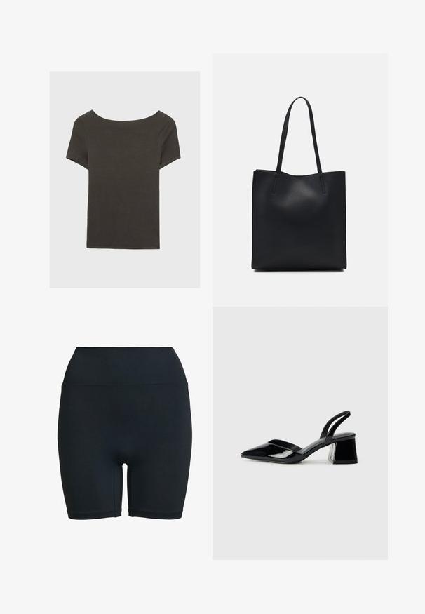 Top corto grigio scuro con scollatura a barca. Realizzato in tessuto a costine, presenta una vestibilità rilassata e un orlo pulito. Design semplice, senza motivi.; Shorts da ciclismo neri a vita alta realizzati in tessuto elasticizzato, con una trama liscia e senza motivi visibili o dettagli in metallo.; Décolleté in vernice nera con punta affusolata e tacco in geometria cubica. Presentano un design elegante e minimalista, con una texture liscia.; Borsa tote in pelle nera con texture liscia, forma rettangolare e due manici lunghi. Nessun hardware o decorazione visibile.