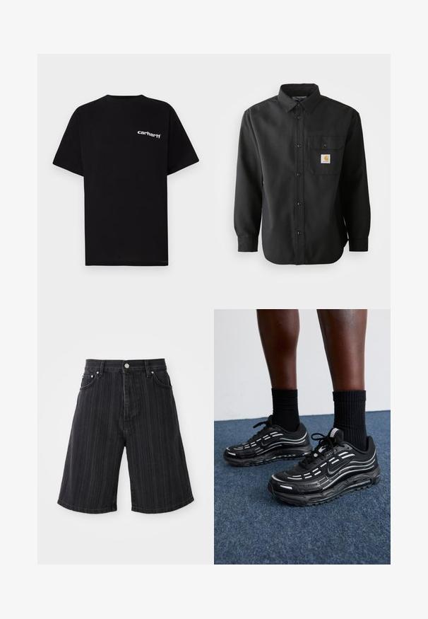 Zwart katoenen T-shirt met korte mouwen, ronde hals en een wit "Carhartt"-logo op de linkerborst. Gladde textuur, minimalistisch ontwerp.; Zwarte longsleeve shirt met een knoopsluiting aan de voorkant, puntige kraag en een borstzak met een logo patch. Zacht, gestructureerd materiaal.; Zwarte denim shorts met een brede pijp, voorzien van verticale streepjes, voorkruizen en details van metalen hardware.; Zwarte Nike-schoenen hebben een bovenwerk van mesh met accentstreepjes, getextureerde veters en een zwarte rubberen zool. Draag ze met zwarte geribde sokken.