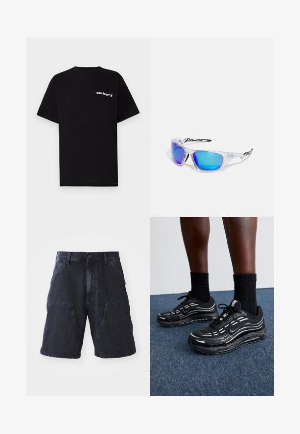 Zwart katoenen T-shirt met korte mouwen, ronde hals en een wit "Carhartt"-logo op de linkerborst. Gladde textuur, minimalistisch ontwerp.; Zwart katoenen T-shirt met korte mouwen, ronde hals en een wit "Carhartt"-logo op de linkerborst. Gladde textuur, minimalistisch ontwerp.; Donkerdenim shorts met een rechte snit, grote voorzakken en een knoopsluiting; gladde textuur en minimale stikdetails.; Zwarte Nike-schoenen hebben een bovenwerk van mesh met accentstreepjes, getextureerde veters en een zwarte rubberen zool. Draag ze met zwarte geribde sokken.; Sportzonnebrillen met doorzichtige monturen, blauw en paars gespiegeld glas, hoekig ontwerp en zwarte accenten op de pootjes.