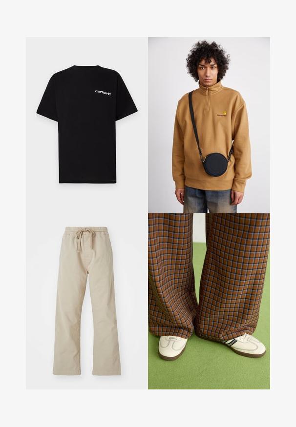 Mustast puuvillast lühikeste varrukatega t-särk, ümara kaelusega ja valge "Carhartt" logoga vasakul rinnal. Sile tekstuur, minimalistlik disain.; Beezid puuvillased püksid elastse vöökoha ja nööriga. Sirge jala disain, sile tekstuur ning nähtamatud mustrid või aksessuaarid.; Pruunide ja siniste ruuduliste laiad püksid, mille juurde on kombineeritud valged kingad mustade aktsentidega ja tekstuursete taldadega, roheline taust.; Prune neljandikta väikese tõmbluku ja broderi logoga fliissweater, mille peal on must ümmargune risti-õlakott, millel on tõmblukk ja logodetail, kombineerituna teksadega.