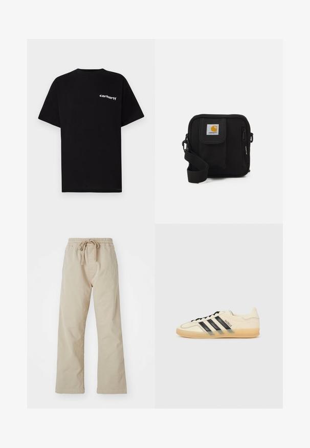 Fekete pamut rövid ujjú póló kerek nyakkivágással és fehér "Carhartt" logóval a bal mellrészen. Simaszövetű, letisztult dizájn.; Beige pamut nadrág, elasztikus derékpánttal és zsinórral. Egyenes szárú kialakítás, sima textúra, és nincsenek látható minták vagy díszítések.; Világoskrém színű sneaker fekete háromsávos dizájnnal, textúrált felsőrésszel, kerek orral és gumitalppal. Felszereltsége közé tartozik a fűzés és a logó az oldalán.; Fekete keresztbody táska cipzáras főrekesszel, elülső zsebbel, állítható pánttal és látható logóval a fedélen.