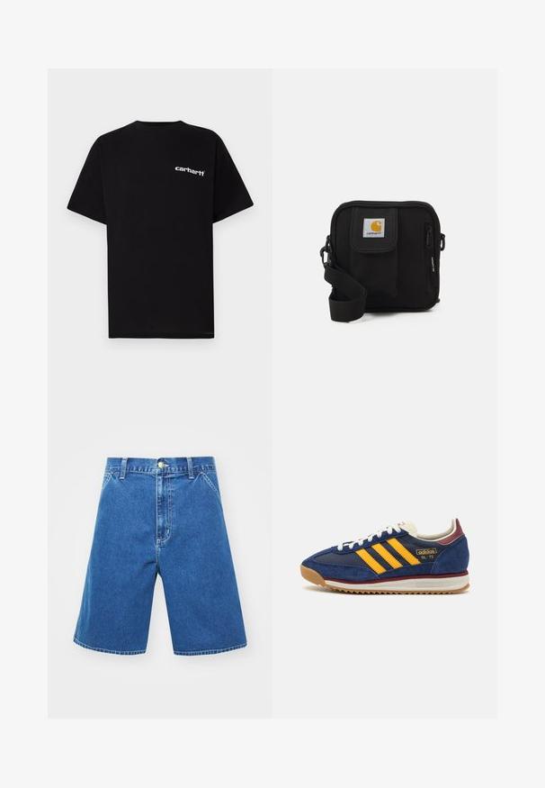 Zwart katoenen T-shirt met korte mouwen, ronde hals en een wit "Carhartt"-logo op de linkerborst. Gladde textuur, minimalistisch ontwerp.; Denim shorts in een blauwe kleur, losse pasvorm, middelhoge taille, voorzakken en een knoopsluiting. Stikdetails langs de naden.; Marine blauwe suède sneaker met gele strepen, witte veters en bordeauxrode accenten. Textuurzool met groeven voor grip. Merksymbool aan de zijkant.; Zwarte schoudertas met een rits hoofdcompartiment, voork pocket, verstelbare strap en een zichtbaar logo op de klep.