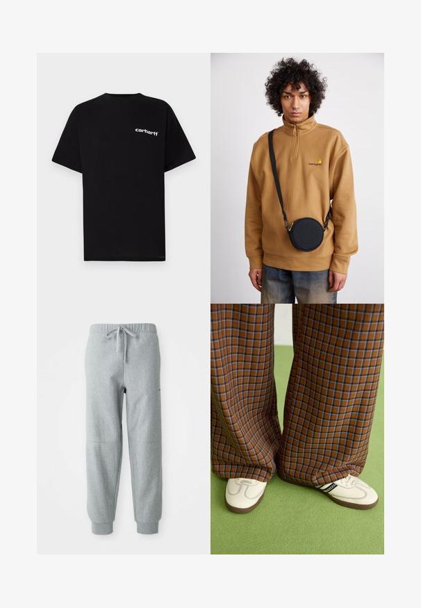 Μαύρο βαμβακερό μπλουζάκι με κοντά μανίκια, στρογγυλή λαιμόκοψη και λευκό λογότυπο "Carhartt" στο αριστερό στήθος. Λείο ύφασμα, μινιμαλιστικός σχεδιασμός.; Γκρίζες φλις φόρμες με ελαστική μέση, κορδόνι και μανσέτες στους αστραγάλους. Περιλαμβάνουν υφή υφάσματος και διακριτικές ραφές.; Καφέ και μπλε καρό παντελόνια με φαρδιά πόδια, σε συνδυασμό με λευκά παπούτσια που έχουν μαύρες λεπτομέρειες και υφασμάτινες σόλες, τοποθετημένα σε πράσινο φόντο.; Καφέ φλις πουλόβερ με κουμπί quarter-zip και κεντημένο λογότυπο, συνδυασμένο με μια μαύρη στρογγυλή τσάντα χιαστί με φερμουάρ και λεπτομέρεια λογότυπου, φορεμένο πάνω από τζιν.
