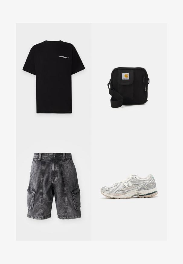 Fekete pamut rövid ujjú póló kerek nyakkivágással és fehér "Carhartt" logóval a bal mellrészen. Simaszövetű, letisztult dizájn.; Fekete farmer cargo szshort, elhasználódott textúrával, két oldalsó zsebbel és gombos záródással. Térd hosszúságú, megerősített varrással.; A futócipő ezüst és fehér hálós felsőrésszel rendelkezik, zöld részletekkel. A talpa tömzsi és textúrált, párnázottságra és támogatásra lett tervezve.; Fekete keresztbody táska cipzáras főrekesszel, elülső zsebbel, állítható pánttal és látható logóval a fedélen.