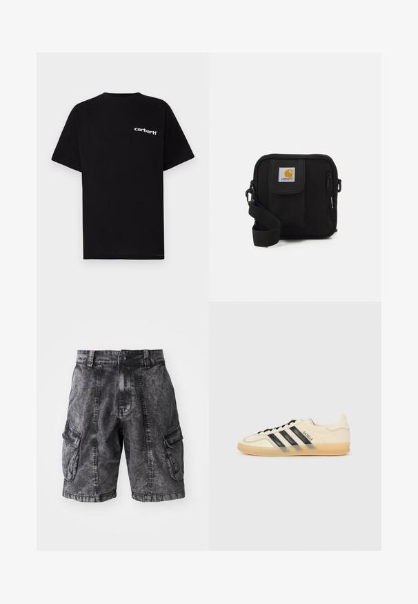 T-shirt preta de algodão com mangas curtas, decote redondo e logótipo branco "Carhartt" no peito esquerdo. Textura suave, design minimalista.; Bermudas cargo em denim preto com uma textura desgastada, dois bolsos laterais e fecho de botão. Comprimento até ao joelho com costuras reforçadas.; Sapatilhas de creme claro com design de três riscas pretas, parte superior texturizada, bico redondo e sola de borracha. Apresenta atacadores e uma marca na lateral.; Bolsa transversal preta com um compartimento principal com fecho éclair, bolso frontal, alça ajustável e um logotipo visível na aba.
