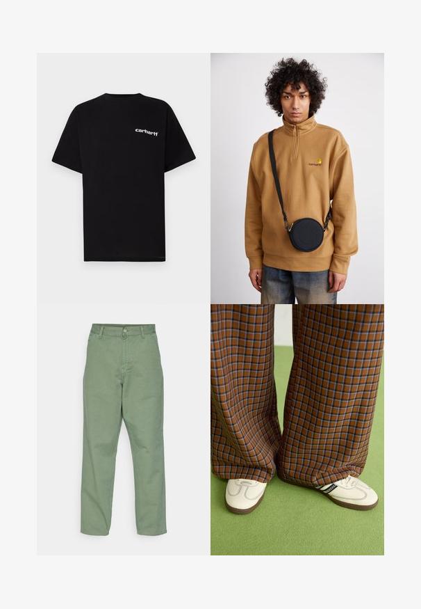 Mustast puuvillast lühikeste varrukatega t-särk, ümara kaelusega ja valge "Carhartt" logoga vasakul rinnal. Sile tekstuur, minimalistlik disain.; Roheline puuvillane püksid, millel on mugav lõige, kõrge talje ja sirged sääred. Omab eest nupuga ja lukuga kinnitamist, küljetaskutega.; Pruunide ja siniste ruuduliste laiad püksid, mille juurde on kombineeritud valged kingad mustade aktsentidega ja tekstuursete taldadega, roheline taust.; Prune neljandikta väikese tõmbluku ja broderi logoga fliissweater, mille peal on must ümmargune risti-õlakott, millel on tõmblukk ja logodetail, kombineerituna teksadega.