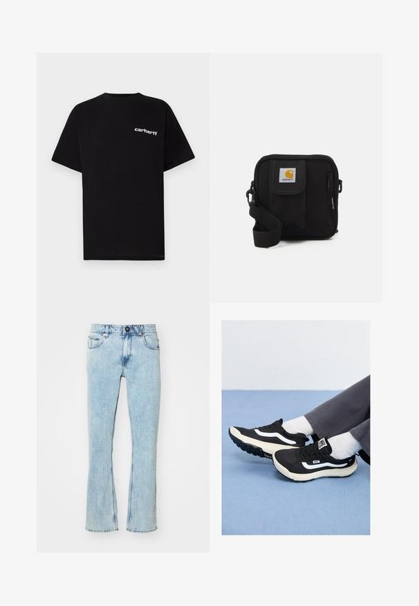 Black cotton t-shirt with short sleeves, crew neckline, and white "Carhartt" logo on the left chest. Smooth texture, minimal design.; Light blue, high-rise jeans made of denim, featuring a straight leg cut, five pockets, and a front button closure. Faded detailing present.; Black sneakers with white accents, mesh and rubber materials, featuring a textured sole and heel tab. Worn with white socks and gray pants.; Black crossbody bag with a zippered main compartment, front pocket, adjustable strap, and a visible logo patch on the flap.