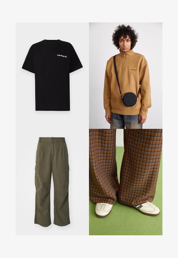 Musta puuvillainen t-paita, jossa on lyhyet hihat, pyöreä pääntie ja valkoinen "Carhartt"-logo vasemmassa rinnassa. Sileä pinta, minimalistinen design.; Vihreät cargo-housut, valmistettu puuvillasta, leveällä lahjesuunnittelulla, taitoksilla ja sivutaskuilla käytännöllisyyttä varten.; Ruskonsin ja sininen ruutukuvioinen leveälahkeinen housut yhdistettynä valkoisiin kenkiin, joissa on mustia yksityiskohtia ja tekstuuripohjat, vihreää taustaa vasten.; Ruskea neljännesvetoketjullinen fleecesweater, jossa on brodeerattu logo, mustan pyöreän olkalaukun kanssa, jossa on vetoketju ja logotiedot, käytetty farkkujen päällä.