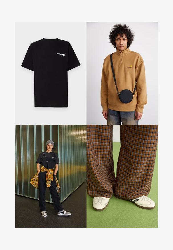 Musta puuvillainen t-paita, jossa on lyhyet hihat, pyöreä pääntie ja valkoinen "Carhartt"-logo vasemmassa rinnassa. Sileä pinta, minimalistinen design.; Mustia farkkuhaalarit säädettävillä olkaimilla, yhdistettynä mustaan t-paitaan ja värikkääseen kuvioituun paitaan, joka on sidottu vyötärölle. Harmaa pipo ja lenkkarit.; Ruskonsin ja sininen ruutukuvioinen leveälahkeinen housut yhdistettynä valkoisiin kenkiin, joissa on mustia yksityiskohtia ja tekstuuripohjat, vihreää taustaa vasten.; Ruskea neljännesvetoketjullinen fleecesweater, jossa on brodeerattu logo, mustan pyöreän olkalaukun kanssa, jossa on vetoketju ja logotiedot, käytetty farkkujen päällä.