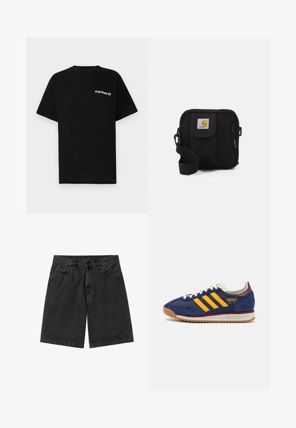 Zwart katoenen T-shirt met korte mouwen, ronde hals en een wit "Carhartt"-logo op de linkerborst. Gladde textuur, minimalistisch ontwerp.; Zwarte denim shorts met een rechte pijp, vijf zakken en een knoopsluiting. Gladde textuur met minimale vervaging en stikseldetails.; Marine blauwe suède sneaker met gele strepen, witte veters en bordeauxrode accenten. Textuurzool met groeven voor grip. Merksymbool aan de zijkant.; Zwarte schoudertas met een rits hoofdcompartiment, voork pocket, verstelbare strap en een zichtbaar logo op de klep.