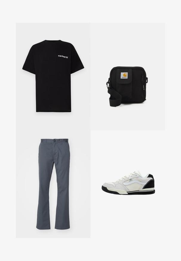 T-shirt in cotone nero con maniche corte, scollo a girocollo e logo bianco "Carhartt" sul petto a sinistra. Texture liscia, design minimalista.; Pantaloni dritti grigio scuro in misto cotone, con chiusura anteriore a bottone, passanti per cintura e tasche standard. Tessuto morbido.; Sneaker bianco e nero con tomaia in suede e mesh, punta arrotondata, design con lacci e suola in gomma con un motivo testurizzato.; Borsa a tracolla nera con un compartimento principale con zip, tasca frontale, tracolla regolabile e una patch del logo visibile sul risvolto.