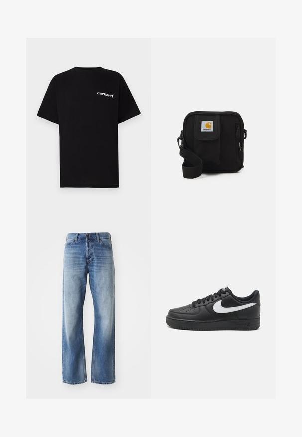 T-shirt preta de algodão com mangas curtas, decote redondo e logótipo branco "Carhartt" no peito esquerdo. Textura suave, design minimalista.; Jeans de denim azul, de perna reta, com ligeiro desbotamento nas coxas e nos joelhos, apresentando cinco bolsos e fecho com botão.; Tenis Nike Air Force 1 pretos com parte superior em couro liso, detalhe do logo branco, bico perfurado e sola em borracha texturizada.; Bolsa transversal preta com um compartimento principal com fecho éclair, bolso frontal, alça ajustável e um logotipo visível na aba.