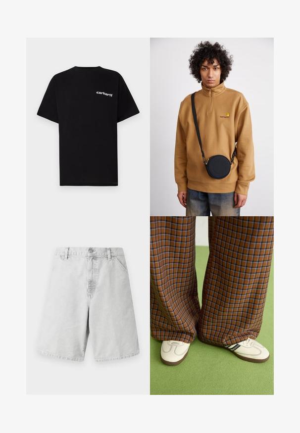 Čierne bavlnené tričko s krátkymi rukávmi, okrúhlym výstrihom a bielym logom "Carhartt" na ľavej strane hrudníka. Hladká textúra, minimalistický dizajn.; Svetlošedé bavlnené kraťasy klasického strihu, s krytým zipsom, pútkami na opasok a bočnými vreckami. Hladká textura s jednoduchým dizajnom.; Hnedé a modré kárované nohavice s širokými nohavicami skombinované s bielymi topánkami s čiernymi akcentmi a textúrovanými podrážkami, umiestnené na zelenom pozadí.; Hnedý mikina s štvrťzipom z fleecu s vyšitým logom, so čiernou okrúhlou crossbody taškou so zipsom a detailom loga, nosená cez denim.