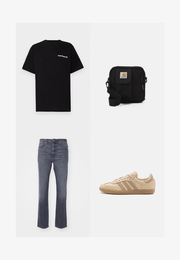 Tricou negru din bumbac cu mâneci scurte, decolteu rotund și logo-ul alb "Carhartt" pe pieptul stâng. Textură netedă, design minimalist.; Jeans din denim gri cu croială dreaptă, design cu cinci buzunare, estompare subtilă, închidere cu buton și fermoar, și un talie clasică.; Adidași din piele bej cu trei dungi orizontale, vârf rotund, talpă din cauciuc maro plat și căptușeală din material moale pe guler și limbă.; Geantă de umăr neagră, cu un compartiment principal cu fermoar, buzunar frontal, curea ajustabilă și un logo vizibil pe capac.