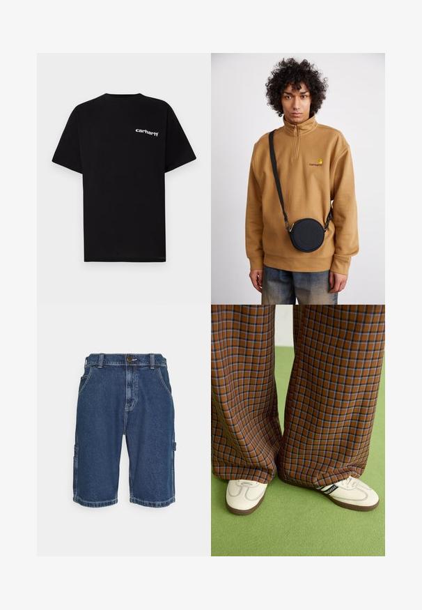 Juoda medvilninė marškinėliai su trumpomis rankovėmis, apvalia apykakle ir baltu „Carhartt“ logotipu ant kairės krūtinės. Lygus paviršius, minimalistinis dizainas.; Tamsiai mėlynos džinsinės šortai su mygtuko užsegimu, šoninėmis kišenėmis ir krovininiu stiliumi kairėje kojoje. Lygi tekstūra, kasdienis dizainas.; Rudos ir mėlynos langelinės plačios kelnės, derinamos su baltais batais su juodais akcentais ir tekstūruotais padais, prieš žalią foną.; Rudas ketvirčio užtrauktuko vilnos švarkas su siuvinėtu logotipu, derinamas su juodu apvaliu per petį nešiojamu krepšiu su užtrauktuku ir logotipo detale, dėvimas virš džinsų.