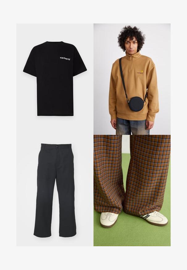 Black cotton t-shirt with short sleeves, crew neckline, and white "Carhartt" logo on the left chest. Smooth texture, minimal design.; Black, straight-leg trousers made of fabric with a smooth texture, featuring a front button closure and standard pockets.; Brown and blue plaid wide-leg trousers paired with white shoes featuring black accents and textured soles, set against a green background.; Brown quarter-zip fleece sweatshirt with embroidered logo, featuring a black round crossbody bag with a zipper and logo detail, worn over denim.