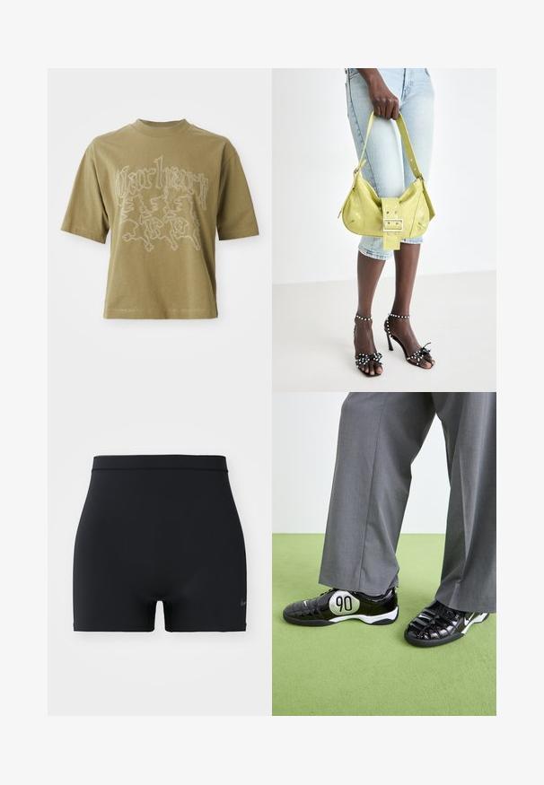 T-shirt de manga curta verde oliva com um design costurado em branco apresentando três leões e o texto estilizado "Coração Limpo" na parte da frente.; Calções de desporto pretos feitos de um material liso e elástico, com uma cintura de altura média e um pequeno logótipo da Nike do lado esquerdo.; Sapatilhas pretas de couro envernizado com um detalhe em prata "90", apresentando uma superfície texturizada e um design com atacadores, combinadas com calças largas cinzas.; Bolsa perfurada amarela com detalhe de fivela e alça ajustável, combinada com calções de ganga e sandálias de salto alto pretas com laços.