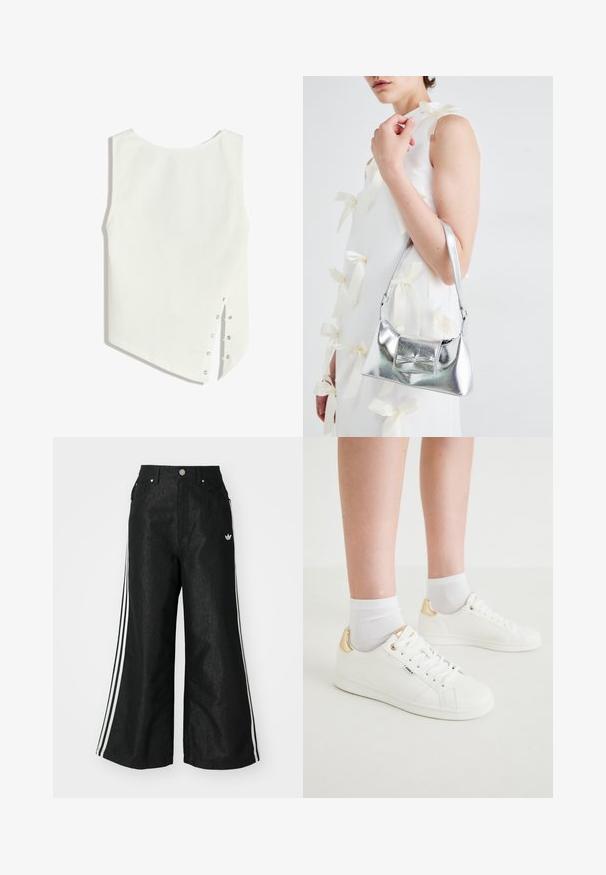 Bela brezrokavna majica z zaobljenim izrezom, asimetričnim robom in bočnimi pritisnimi gumbki za zapiranje. Gladek, lahkoten material.; Črne široke jeans hlače z dvema belima črtama na vsaki strani in majhnim belim logotipom. Imajo sprednje žepke in zapiranje na gumb.; Bela športna obutev z gladko površino, ki vsebuje zlati detajl na peti, vezalkami zaprt sprednji del in minimalističen dizajn. V kombinaciji z belimi nogavicami.; Srebrna metalna torbica z oblikovano strukturo, ki ima zgornji ročaj in detajl v obliki mašne spredaj. Gladka tekstura, z odsevnimi površinami.