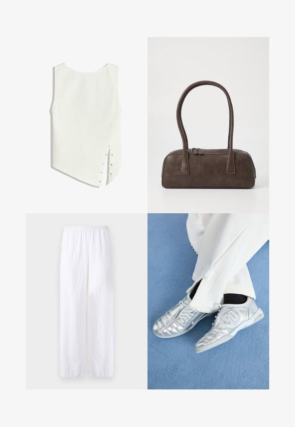 Vit ärmlös topp med rundad halsringning, asymmetrisk fåll och tryckknappar på sidan för stängning. Slät, lätt vikt tyg.; Vita linnebyxor med elastisk midja, med rakbenad design och sidsprung för ventilation och rörelsefrihet.; Silverfärgade träningsskor med en slät, glänsande yta, med en sömnaddesign och siffran 90 på sidan, ihop med vita byxor.; Brun läderhandväska med två stadiga handtag, rektangulär form, slät yta och dragkedjestängning. Minimalistisk design utan synliga mönster.