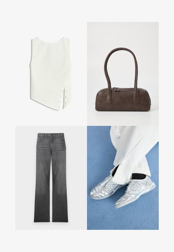 Top bianco senza maniche con scollatura arrotondata, orlo asimmetrico e chiusura a bottoni sul lato. Tessuto liscio e leggero.; Jeans a gamba larga in denim grigio con lavaggio medio, dotati di un design a cinque tasche, chiusura frontale con bottone e dettagli delle cuciture sottili.; Scarpe da ginnastica argentate con una finitura liscia e lucida, caratterizzate da un design cucito e il numero 90 sul lato, abbinate a pantaloni bianchi.; Borsa a mano in pelle marrone con due manici robusti, forma rettangolare, texture liscia e chiusura con zip. Design minimalista senza motivi visibili.