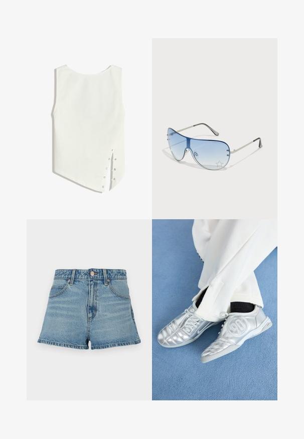 Witte mouwloze top met een ronde halslijn, asymmetrische zoom en drukknoopsluitingen aan de zijkant. Glad, lichtgewicht stof.; Lichtblauwe denim shorts met een hoge taille, rafelige zoom, contrasterende stiksels en voorzakken. Inclusief een metalen knoop en merklabel.; Zilveren sportschoenen met een gladde, glanzende afwerking, voorzien van een gestikt ontwerp en het nummer 90 aan de zijkant, gecombineerd met witte broek.; Aviator zonnebril met een gradient blauwe lens, zilveren metalen frame en decoratieve sterrenaccenten op de lens. Glad en strak ontwerp.