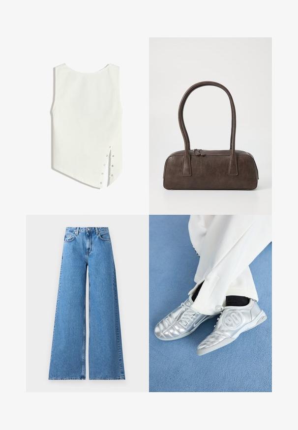 Vit ärmlös topp med rundad halsringning, asymmetrisk fåll och tryckknappar på sidan för stängning. Slät, lätt vikt tyg.; Breda blå denimjeans med hög midja, med en klassisk femficksdesign och sömmar längs sidorna för extra detalj.; Silverfärgade träningsskor med en slät, glänsande yta, med en sömnaddesign och siffran 90 på sidan, ihop med vita byxor.; Brun läderhandväska med två stadiga handtag, rektangulär form, slät yta och dragkedjestängning. Minimalistisk design utan synliga mönster.