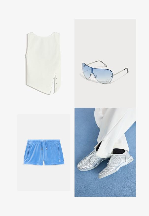 Biela bezrúšková blúzka s okrúhlym výstrihom, asymetrickým lemom a patentkami na boku na zapínanie. Hladká, ľahká tkanina.; Svetlomodré velúrové šortky s elastickým pásom, šnúrkou a dvoma bočnými zipsovými vreckami. Na stehne sa nachádza malé vyšívané logo.; Strieborné atletické topánky s hladkým, lesklým povrchom, zdobené prešitím a číslom 90 na boku, skombinované s bielymi nohavicami.; Pilotné slnečné okuliare s prechodovým modrým sklom, strieborným kovovým rámom a ozdobnými hviezdičkovými akcentmi na sklách. Hladký a elegantný dizajn.