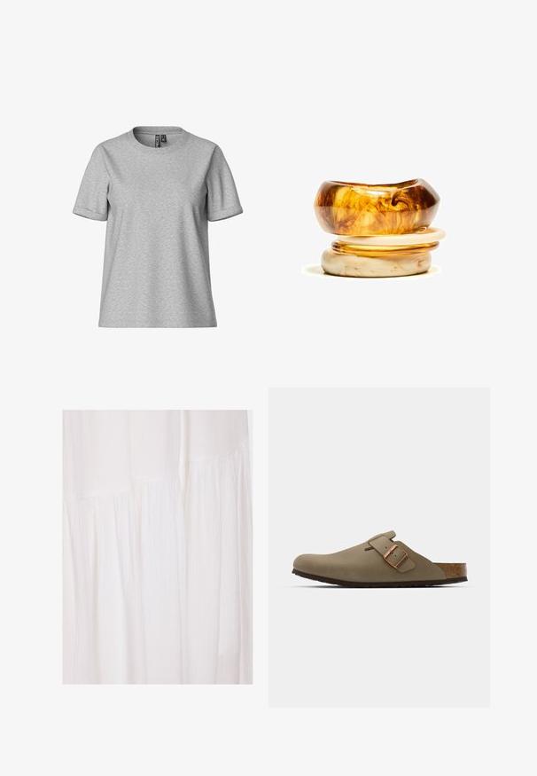 Šedé tričko s krátkým rukávem vyrobené z měkké směsi bavlny, klasický design s kulatým výstřihem, s uvolněným střihem a ohrnutými rukávy.; Bílé látkové šaty s texturovaným povrchem, měkkými záhyby a neformálními designovými prvky, které vytvářejí splývavý siluetu.; Hnědé dřeváky s hladkým matným povrchem. Na boku mají výraznou bronzovou sponu. Korek a gumová podrážka pro pohodlí.; Hromádka dvou prstenů; horní je jantaru s vířením a dolní je světle béžová; oba jsou hladké a lesklé pryskyřice.