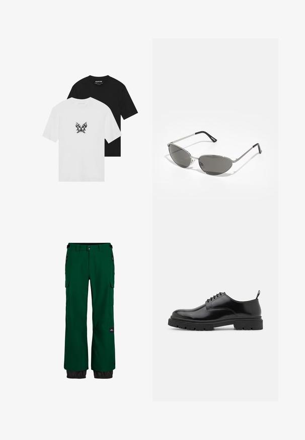 Short-sleeve t-shirts in black and white, featuring a flame-patterned butterfly graphic on the front of the white shirt. Cotton material.; Green waterproof snow pants with a cargo pocket, elastic cuffs, and contrasting black lower hem. Features zippers and durable fabric.; Black leather lace-up shoes with a rounded toe, smooth texture, and ridged rubber sole. Features a small heel and a pull tab at the back.; Sunglasses with a sleek, silver metal frame, gray tinted lenses, and an aerodynamic design featuring pointed edges and thin arms.