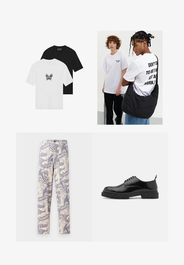 Kurzarm-T-Shirts in Schwarz und Weiß, mit einem flammenmusternden Schmetterlingsgrafik auf der Vorderseite des weißen Shirts. Aus Baumwollmaterial.; Leichte, cremefarbene Hose mit einem blauen abstrakten Wellenmuster. Sie hat eine gerade Passform, zwei Frontfalten und einen Knopfverschluss.; Schwarze Leder Schnürschuhe mit runder Zehenpartie, glatter Oberfläche und genoppter Gummisohle. Verfügen über einen kleinen Absatz und eine Ziehschlaufe auf der Rückseite.; Schwarze, gesteppte Schultertasche mit weicher Textur, getragen von einer Person in einem weißen Grafik-T-Shirt mit fettgedrucktem Text. Lässiges Outfit mit Jeans.