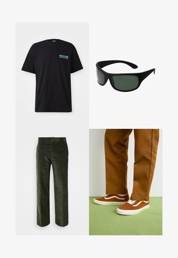 Mustmust särk lühikeste varrukatega, musta värvi, vasakul rinnal sinine logo "DICKIES WORKWEAR COMPANY". Tavaline ümmargune kaelus.; Tumed roheline korduroy püksid sirge lõikega, millel on lame vöökoht ja küljetaskud. Pehme tekstuur vertikaalsete ribadega.; Pruunid suede tossud valgete nööride ja külgtriipudega disainiga, kombineeritud heledate pruunide pükstega rohelisel põrandal.; Mustad mustasviruliste läätsedega prillid. Matu viimistlus, kumer disain, sirged käed ja diskreetne bränding külgedel.; Hõbedane ketigael näidis, millel on pikendatud lingid üleval. Allpool on värvikas helmedest koosnev käevõru, milles on mustad, sinised, rohelised, kollased, punased ja selged helmeste.