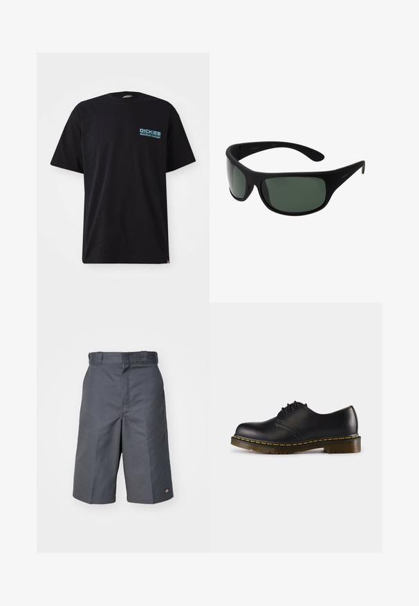 Sort bomulds t-shirt med korte ærmer, forsynet med et blåt "DICKIES WORKWEAR COMPANY" logo på venstre bryst. Standard rund halsudskæring.; Grå shorts lavet af slidstærkt stof, med lige snit, to sidelommer og et lille logo på baglommen.; Sort lædersko med rund tå, snørebåndsdesign, gul syning langs sålen og en kraftig, tekstureret gummisål.; Sort indpakningssolbriller med mørkegrønne linser. Mat finish, buet design, lige arme og diskret branding på siden.; Flerlags halskæde med sølvfarvede kæder og perleperler samt vedhæng, herunder nøgler og en firkantet medaljon. Glat tekstur med skinnende finish.