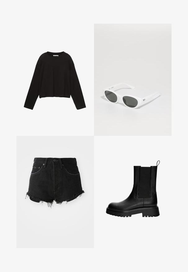 Čierna dlhá rukávová skrátená košeľa vyrobená z mäkkej bavlny. Má okrúhly výstrih a voľný strih s spadnutými ramenami. Bez viditeľných vzorov alebo akcentov.; Čierne džínsy šortky s rozstrapkaným lemom, klasický dizajn s piatimi vreckami a kovovým zapínaním. Disponujú vysokým pásom a opotrebovanou textúrou.; Čierna kožená členková obuv s hladkým povrchom, elastickými bočnými panelmi a robustnou podrážkou s hlbokým vzorom. Odkaz na zadnej strane pre jednoduché obutie.; Biele slnečné okuliare so zaoblenými rámami a tmavými sklami. Majú hladký plastový povrch a malé logo na nožičke.