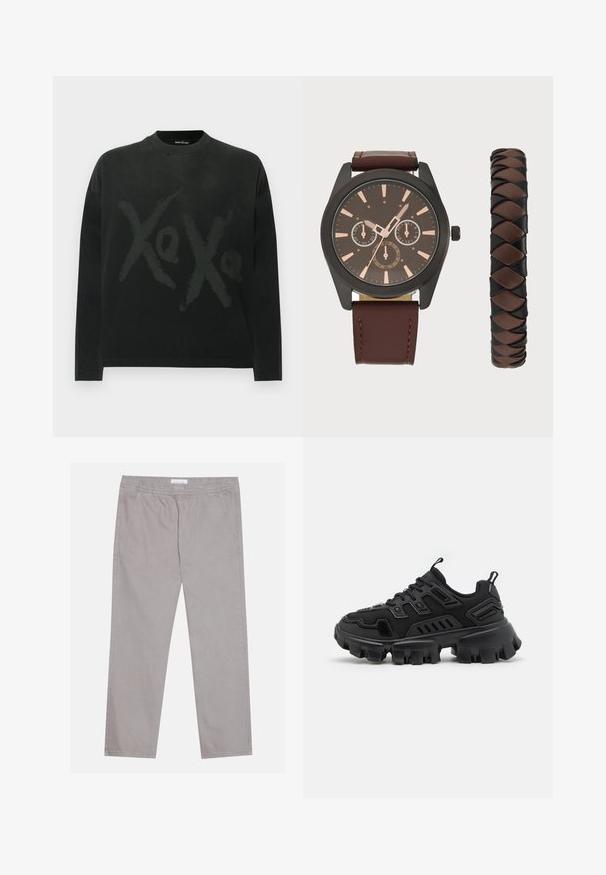 Zwart T-shirt met lange mouwen van katoen, met een grote "Xo"-print in een iets lichtere tint, ronde halslijn en een losse pasvorm.; Lichtgrijze katoenen broek met een elastische tailleband, twee zijzakken, een recht poten ontwerp en een zachte textuur. Eenvoudige stiksel.details.; Zwarte sportschoen met een gestructureerde rubberen zool, gelaagde designelementen en versterkte accenten. Heeft veters en een trekklep bij de hiel.; Pier One SET - Horloge - black/brown