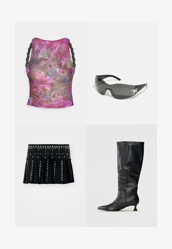 Virágmintás hálós ujjatlan blúz rózsaszín, lila és zöld árnyalatokban. Fekete csipke pántokkal és színes strasszkövekkel díszített elől.; Jaded London MICRO STUDDED SKIRT - Miniszoknya - black; Térdmagasságú fekete műbőr csizmák fényes krokodilbőr textúrával, hegyes orral és vékony, szögletes sarokkal. Klasszikus dizájn és karcsú sziluett.; Fekete napszemüveg, körkörös kialakítással, sötétített lencsékkel, fényes csillag alakú díszítésekkel és állítható orrpárnákkal.; Fekete lakkbőrből készült kézitáska lekerekített formával, különböző méretű ezüstszínű fémpatentelemmel, és széles pánttal a könnyű hordozás érdekében.