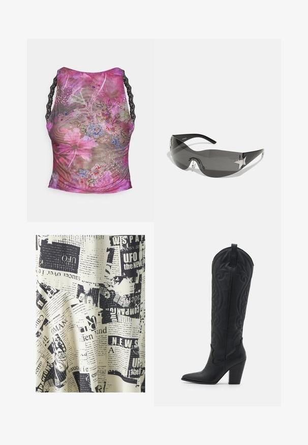 Ziedu acs topiņš ar rozā, purpursarkaniem un zaļiem toņiem. Tam ir melnas mežģīņu siksnas un krāsaini akrila rotājumi uz priekšpuses.; SOMETHINGNEW SIMONE CALF SKIRT - Maksi svārki - whitecap/gray; Zign Kovboju/motociklistu tipa zābaki - black; Melnas saulesbrilles ar apjozošu dizainu, tumši tonētām lēcām, spīdīgiem zvaigznes formas akcentiem un regulējamiem deguna spilventiņiem.; Melnas ādas plecu soma ar teksturētu apdari, ar ķēdes akcentu, regulējamu jostu un sudraba krāsas detaļām.