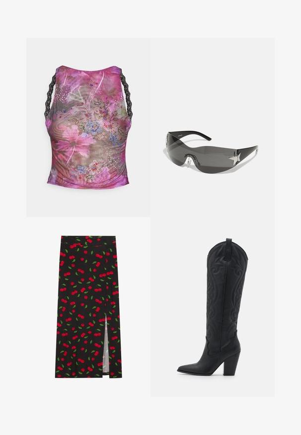 Kvetinový sieťovaný top s ružovými, fialovými a zelenými odtieňmi. Má čierne čipkové ramienka a farebné kamienky na prednej strane.; Čierna sukňa s potlačou čerešní, červené čerešne a zelené listy. Obsahuje bočný rozparok pre dodatočný dizajnový detail.; Zign Kovbojské/motorkárske čižmy - black; Čierne slnečné okuliare s obopínajúcim dizajnom, tmavými sklíčkami, lesklými hviezdicovými akcentmi a nastaviteľnými nosovými podložkami.