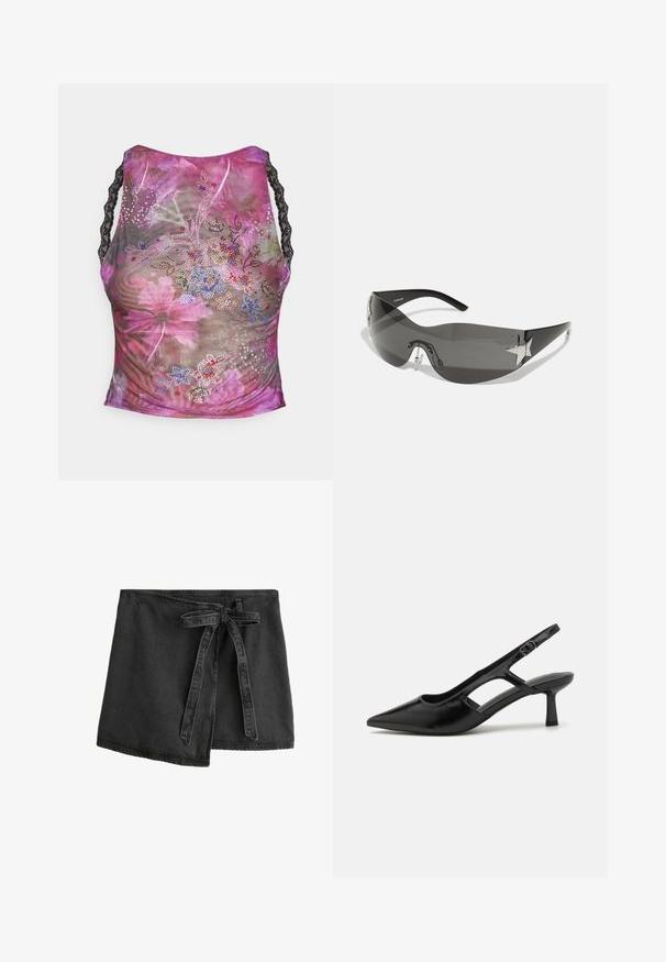 Blomster mesh tanktop med pink, lilla og grønne nuancer. Har sorte blonderemmer og farverige rhinsten dekorationer foran.; Sort denim wrap nederdel med et bindebælte, asymmetrisk kant og en glat overflade. Har syninger langs kanterne.; Sorte slingback hæle med spidse tæer, lavet af blankt materiale, med udskæringsdetaljer og en moderat hæl for støtte.; Sorte solbriller med wrap-around design, mørktonede linser, skinnende stjerneformede detaljer og justerbare næsepuder.; Sort læder skuldertaske med en tekstureret finish, der har en kædeaccent, justerbar rem og sølvhardwaredetaljer.