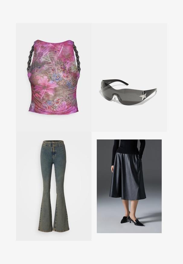 Cvetna mrežasta majica brez rokavov v roza, vijoličnih in zelenih odtenkih. Ima črne čipkaste naramnice in barvite rhinestones okraske na sprednji strani.; Hlače z visokim pasom in razširjenimi hlačnicami v zbledeli modri denimu, z dvojnimi gumbi, vertikalnim šivom in rahlo obrabljenim videzom na robovih.; Črna usnjena midi krila z gladko teksturo; vsebuje pas in stranske žepke. Kombinirana z sijočimi črnimi čevlji na peto.; Črne sončne očala z ovijajočim dizajnom, temno obarvanimi lečami, sijočimi zvezdastimi detajli in nastavljivimi nosnimi blazinicami.