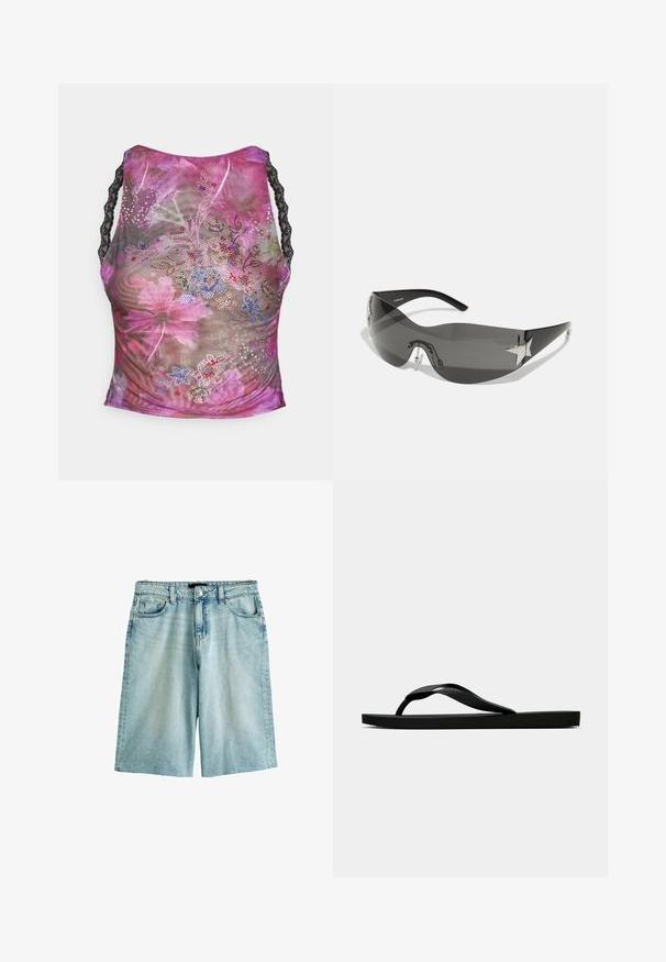Débardeur en maille floral avec des nuances de rose, violet et vert. Présente des bretelles en dentelle noire et des embellissements colorés en rhinestones à l'avant.; Shorts en denim bleu clair avec une coupe décontractée, dotés d'une fermeture à bouton, de passants de ceinture et de poches avant et arrière. Tissu texturé, finition délavée.; Tong sandale en caoutchouc noir avec une bride en T texturée et une semelle plate simple, montrée de côté sur un fond clair.; Lunettes de soleil noires avec un design enveloppant, verres teintés foncés, accents brillants en forme d'étoile et plaquettes de nez ajustables.; Sac à main en cuir noir avec une forme courbée, orné de clous argentés le long de la couture. Le mannequin porte un débardeur rayé et un short noir.