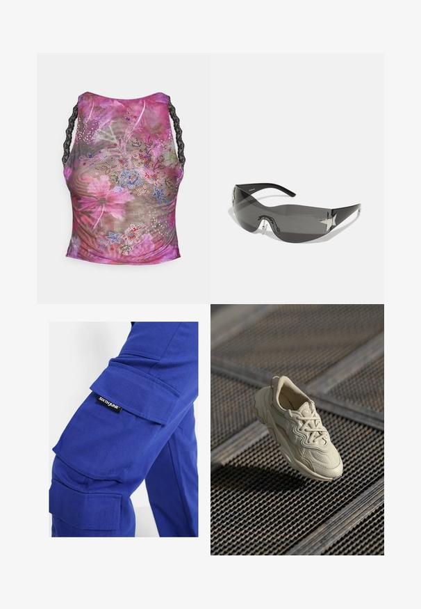 Bloemige mesh tanktop in roze, paars en groene tinten. Heeft zwarte kanten bandjes en kleurrijke strasstenen versieringen aan de voorkant.; Sixth June Cargobroek - dark blue; Beige sneaker met gestructureerde stof, contrasterende gladde accenten, afgeronde zool en veters, boven een gegraveerd oppervlak.; Zwarte zonnebril met een wrap-around ontwerp, donkergetinte glazen, glanzende stervormige accenten en verstelbare neussteunen.