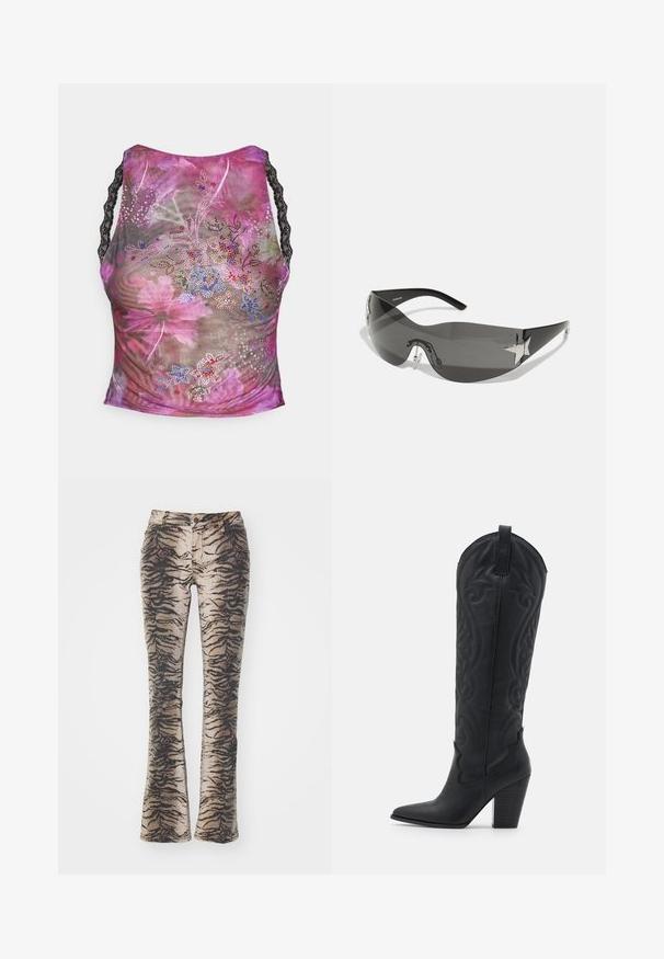Débardeur en maille floral avec des nuances de rose, violet et vert. Présente des bretelles en dentelle noire et des embellissements colorés en rhinestones à l'avant.; Pantalons évasés en tissu avec un motif de rayures de tigre beige et noir, présentant des poches avant et une fermeture éclair.; Zign Bottes de cowboy / motard - black; Lunettes de soleil noires avec un design enveloppant, verres teintés foncés, accents brillants en forme d'étoile et plaquettes de nez ajustables.; Sac à bandoulière en cuir noir avec une finition texturée, comportant un accent en chaîne, une sangle ajustable et des détails en métal argenté.