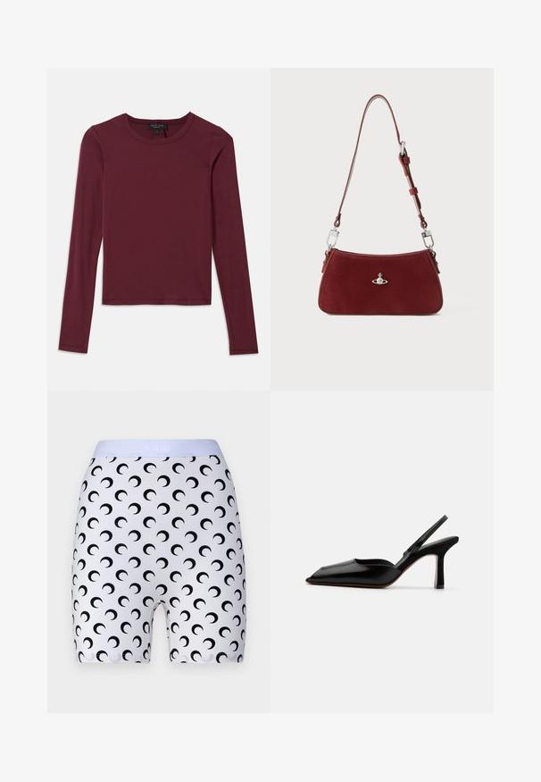 Burgundi hosszú ujjú póló sima, rugalmas anyagból, kerek nyakkivágással és egyenes, testhez simuló fazonnal.; MARINE SERRE MOON MINI - Rövidnadrágok - optical white; Fekete bőr szandál sarkú cipő hegyes orral, minimalist designnal, vékony bokapánttal és karcsú tűsarkúval. Sima textúra.; Piros velúr válltáska ívelt formával. Ezüst tónusú kiegészítőkkel és állítható pánttal, hardver részletekkel. Simább felszíne van.
