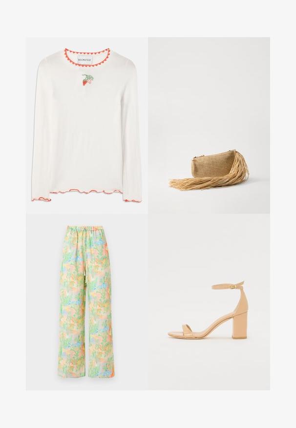 Fehér, hosszú ujjú ing, hullámos piros nyakrésszel. Elöl egy kis zöld és piros eper hímzés található.; Széles lábú nadrág világos anyagból, pasztell hal- és növénymintával. Gumis derék, húzózsinórral.; Nude színű, patent bőrből készült, négyzetes orrú magassarkú szandál, bokapánttal és vastag blokksarkú talppal. Sima textúra és minimális dizájn részletek.; Cult Gaia VIERA - Alkalmi kézitáska - natural