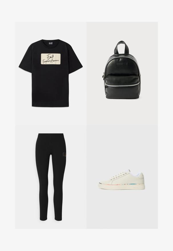 T-shirt de algodão preta com um logótipo retangular em cor creme e texto em estilo manuscrito. Mangas curtas e um corte standard.; Leggings pretos com um corte ajustado, feitos de material elástico, apresentando um logótipo em dourado no lado esquerdo. Textura suave, design de comprimento total.; Sapatilha de cano baixo em off-white com design de atacadores, forro interior branco e detalhes discretos em várias cores ao longo da borda da sola, vista lateral.; Mochila de couro preta com uma forma arredondada, bolso frontal com fecho e dois cabos superiores. Apresenta ferragens em tom prateado e uma textura suave.