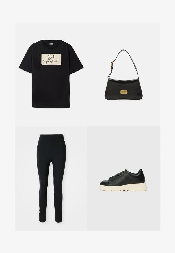 T-shirt de algodão preta com um logótipo retangular em cor creme e texto em estilo manuscrito. Mangas curtas e um corte standard.; Leggings pretos feitos de tecido elástico, com uma cintura alta e um pequeno logotipo impresso numa das pernas. Textura suave, design ajustado ao corpo.; Sapatilha de couro preta com acabamento texturizado, apresentando bico redondo, seis ilhós pretos e sola de borracha branca com sulcos.; Mala de couro preta com um design curvado, placa em ouro com o logotipo como detalhe e uma alça de ombro fina. Textura suave com um acabamento elegante.