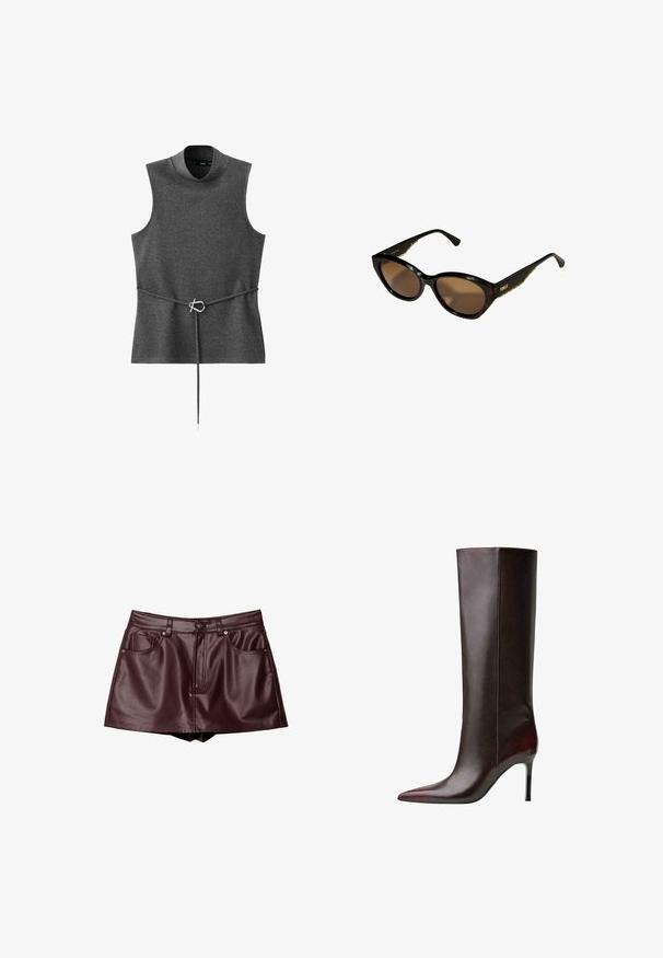 Gray sleeveless top with a high neck, made of soft fabric. Features a belted waist with a silver metal clasp. Simple, structured design.; Burgundy faux leather mini skirt with two front pockets, visible stitching, a front zip, and button closure. Sleek, smooth texture.; Brown leather knee-high boot with a pointed toe design, sleek texture, and a stiletto heel. Seam detailing along the side.; Black cat-eye sunglasses with brown lenses. Textured gold hardware on arms. Smooth plastic frame with a glossy finish.
