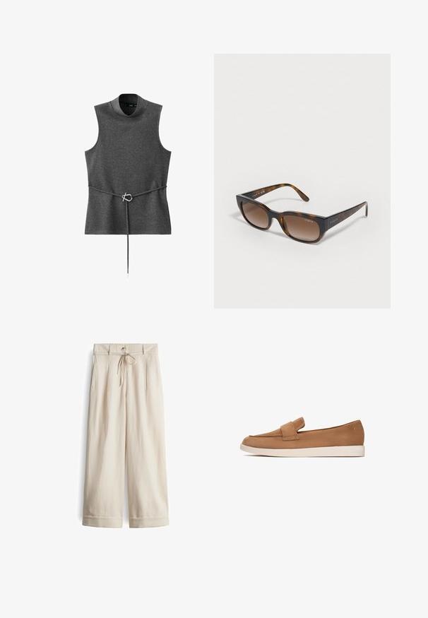 Grijze mouwloze top met een hoge hals, gemaakt van zachte stof. Beschikt over een taille met een riem en een zilveren metalen sluiting. Eenvoudig, gestructureerd ontwerp.; Beige wijde broek van een zachte stof, met een tailleband met trekkoord en knopen, zijzakken en omslagranden.; Bruine suède instappers met een platte zool, voorzien van een brede banddetail aan de voorkant en een strakke, minimalistische uitstraling.; Schildpad zonnebril met bruine gradient lenzen, hoekige monturen en "vogue" logo op de tempels. Soepele textuur, modern ontwerp.; Tan suède schoudertas met een gebogen vorm, gouden hardware en ritssluiting. Voorzien van een bijgevoegd charm met de initialen "MK."
