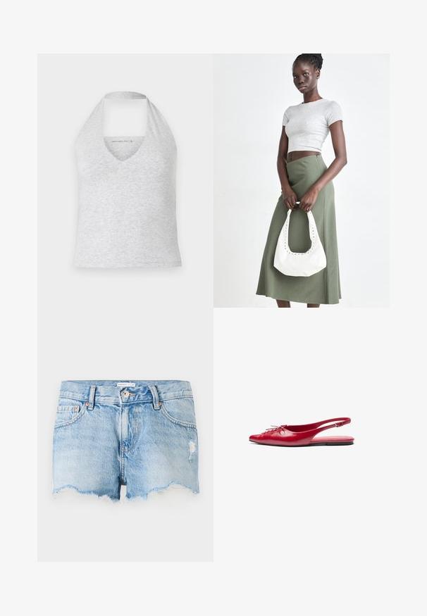 Pilkas halterio stilius su gilia V iškirpte, pagamintas iš švelnaus medvilnės mišinio. Turi be rankovių dizainą ir išpjovą nugaroje, leidžiančią praleisti orą.; Šviesiai mėlynos džinsinės šortai su nubrozdintu kraštu, penkių kišenių dizainu ir subtiliais nusidėvėjimo akcentais priekyje. Metalinis mygtuko užsegimas.; Raudoni odiniai slingback baja su smailiu pirštu ir dekoratyviu raišteliu priekyje, turintis ploną kulkšnies dirželį ir plokščią padą.; Pilka juostuota trumpa palaidinė ir alyvuogių žalios spalvos aukšto liemens sijonas. Modelis laiko baltą petį krepšį su išpjovomis. Paprastas dizainas, prigludusi siluetas.